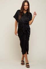 Black Satin Button Down Gathered Maternity Midi Dress