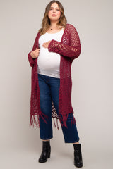 Burgundy Crochet Fringe Hem Maternity Plus Cardigan