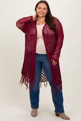 Burgundy Crochet Fringe Hem Maternity Plus Cardigan