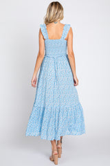 Light Blue Floral Sleeveless Smocked Ruffle Midi Dress