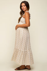 Cream Floral Sleeveless Smocked Ruffle Maternity Midi Dress