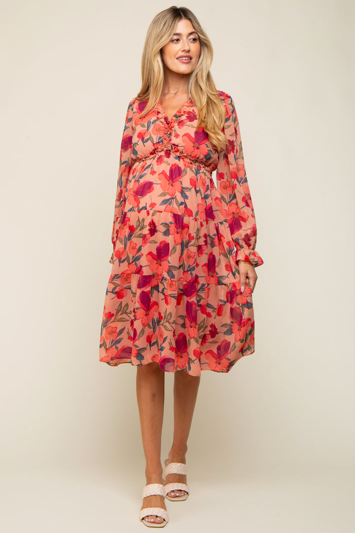 Mauve Floral Ruffle V-Neck Maternity Dress