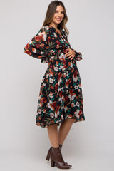 Black Floral Ruffle V-Neck Maternity Dress