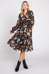 Black Floral Ruffle V-Neck Maternity Dress