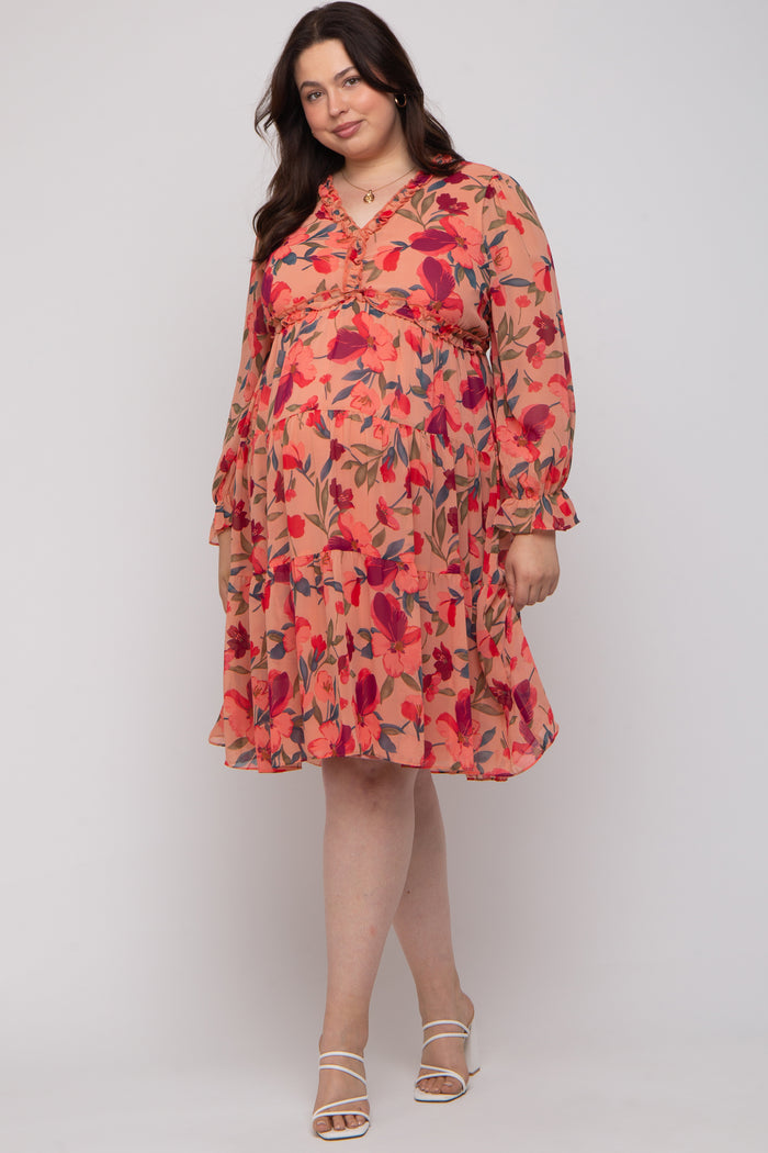 Mauve Floral Ruffle V-Neck Maternity Plus Dress