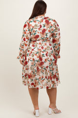 Ivory Floral Ruffle V-Neck Plus Dress