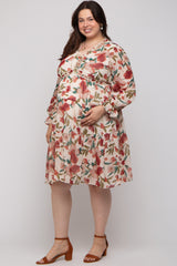 Ivory Floral Ruffle V-Neck Maternity Plus Dress