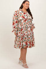 Ivory Floral Ruffle V-Neck Plus Dress