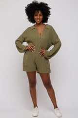 Olive Button Up Maternity Sweater Romper