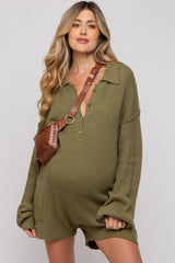 Olive Button Up Maternity Sweater Romper