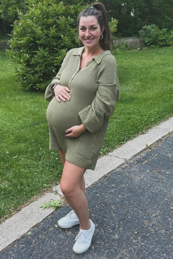 Olive Button Up Maternity Sweater Romper