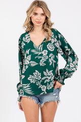 Forest Green Floral V-Neck Long Sleeve Blouse