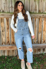 Light Wash Distressed Maternity Overalls