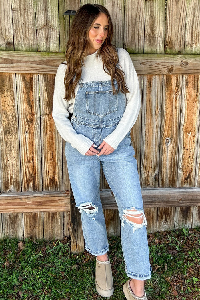 Light Wash Distressed Maternity Overalls