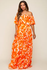 Orange Floral Off Shoulder Flounce Maternity Maxi Dress