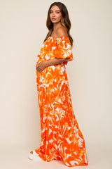 Orange Floral Off Shoulder Flounce Maternity Maxi Dress