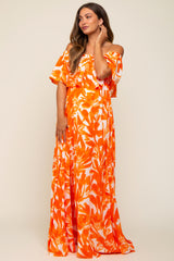 Orange Floral Off Shoulder Flounce Maternity Maxi Dress