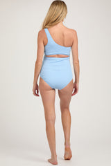 Light Blue Asymmetrical One Shoulder Side Cutout One-Piece Maternity Swimsuit