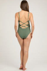 Olive Ribbed V-Neck Lace-Up Back One-Piece Maternity Swimsuit