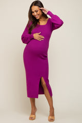 Purple Side Slit Sweater Knit Maternity Midi Dress