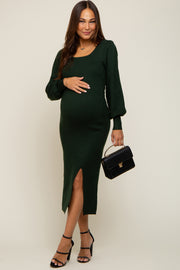 Forest Green Side Slit Sweater Knit Maternity Midi Dress