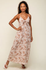 Mocha Leaf Print Front Tie Maternity Maxi Dress