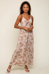 Mocha Leaf Print Front Tie Maxi Dress