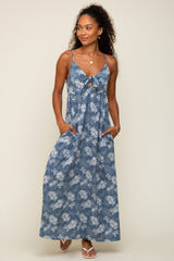 Blue Leaf Print Front Tie Maternity Maxi Dress