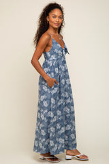 Blue Leaf Print Front Tie Maxi Dress