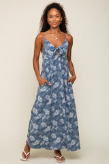 Blue Leaf Print Front Tie Maxi Dress