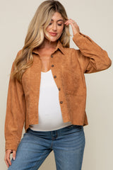 Camel Corduroy Raw Hem Maternity Shacket