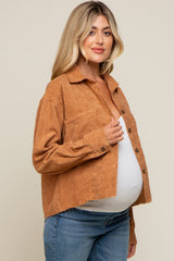 Camel Corduroy Raw Hem Maternity Shacket