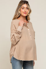 Beige Front Button Drop Shoulder Long Sleeve Maternity Top