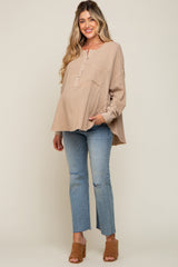 Beige Front Button Drop Shoulder Long Sleeve Maternity Top