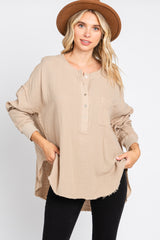 Beige Front Button Drop Shoulder Long Sleeve Maternity Top