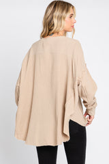 Beige Front Button Drop Shoulder Long Sleeve Top