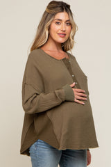 Olive Front Button Drop Shoulder Long Sleeve Maternity Top