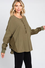 Olive Front Button Drop Shoulder Long Sleeve Top