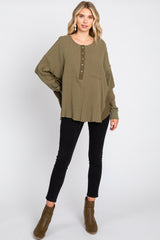 Olive Front Button Drop Shoulder Long Sleeve Top