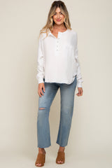 White Front Button Drop Shoulder Long Sleeve Maternity Top