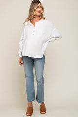 White Front Button Drop Shoulder Long Sleeve Maternity Top