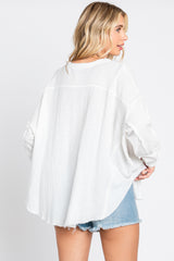 White Front Button Drop Shoulder Long Sleeve Top