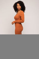 Camel V-Neck Long Sleeve Fitted Maxi Dress