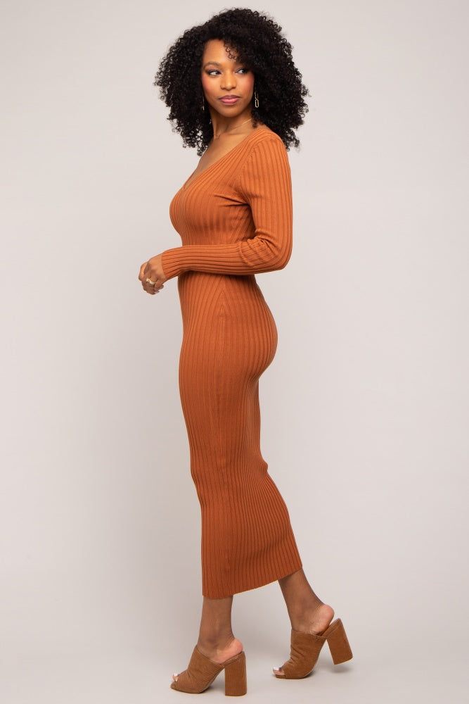 Camel V-Neck Long Sleeve Fitted Maxi Dress