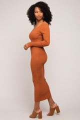 Camel V-Neck Long Sleeve Fitted Maxi Dress