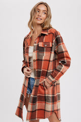 Rust Plaid Fleece Maternity Long Shirt Jacket