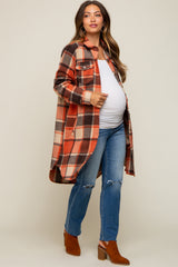 Rust Plaid Fleece Maternity Long Shirt Jacket