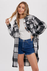 Black Plaid Fleece Maternity Long Shirt Jacket