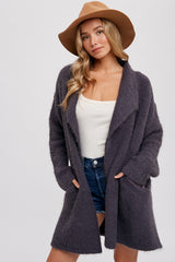 Charcoal Fuzzy Knit Draped Maternity Cardigan