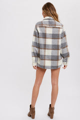 Grey Plaid Fleece Shirt Jacket